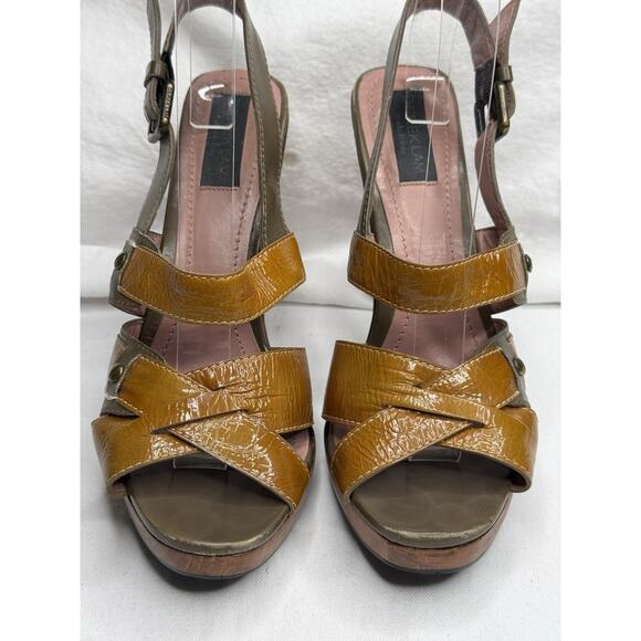 Derek Lam Orange Brown Patent Leather Slingback Platform Wooden Heel Sandals 8.5 - Picture 2 of 11